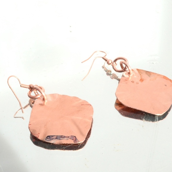 Modernist Red Blue Solid Copper Diamond Earrings Embossed Abstract Geometric - Picture 5 of 6